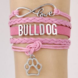 Dog-Accessories - Popular Infinity Bulldog Love Bracelet Gift w/ Dog Paw - So Unique Leather Jewelry – Pink